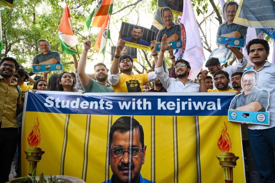 Students from CYSS, student wing of Aam Admi Party seen during a protest march against the arrest of Delhi CM Arvind Kejriwal at Arts Faculty, North Campus on April 16, 2024 in New Delhi, India.