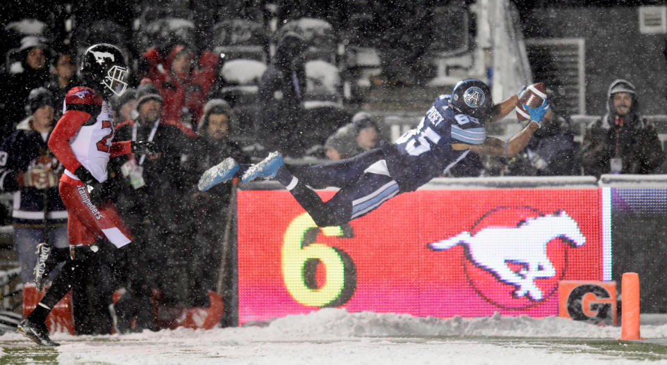 Toronto Argonauts receiver DeVier Posey set a Grey Cup record with his 100-yard touchdown Sunday. (THE CANADIAN PRESS/Nathan Denette)