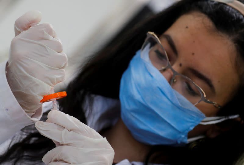 FILE PHOTO: A pharmacist doctor works on the basics of the raw materials for investigational of the coronavirus disease (COVID-19) treatment drug "Remdesivir", in Ibn Sina laboratory, at Eva Pharma Facility in Cairo