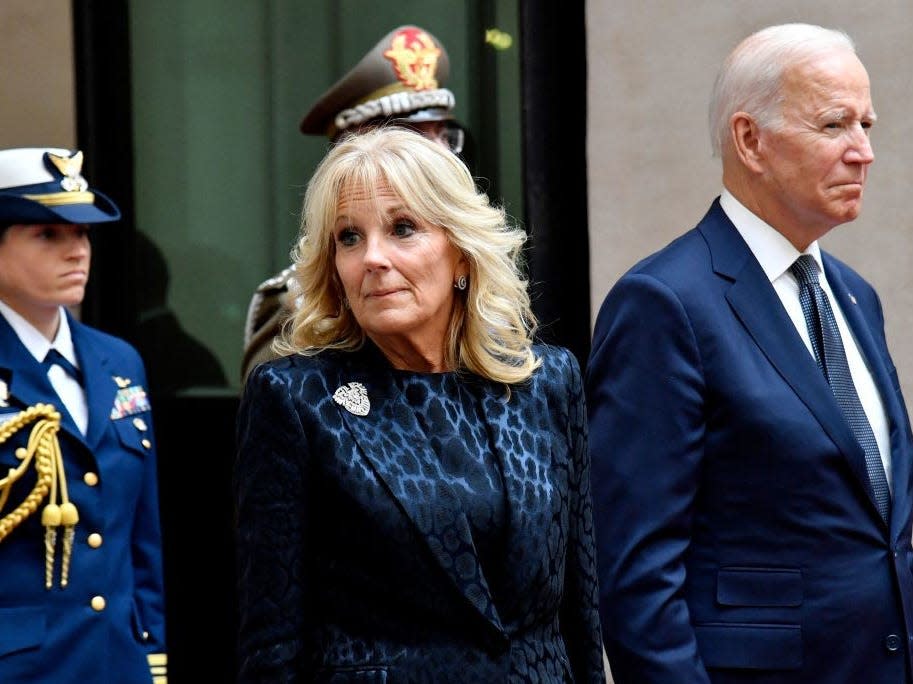 President Joe Biden and first lady Dr. Jill Biden arrive at the Chigi palace in Rome.