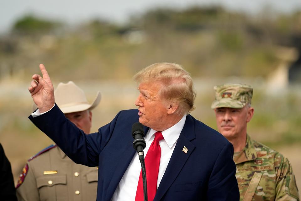 Republican presidential candidate former President Donald Trump points to Mexico at Shelby Park during a visit to the U.S.-Mexico border, Feb. 29, 2024, in Eagle Pass, Texas.