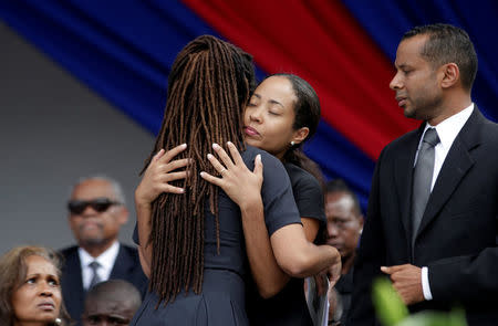 Dominique (R) embraces her sister Patricia, daughters of Haiti's former President Rene Preval, during the funeral in Port-au-Prince, Haiti, March 11, 2017. REUTERS/Andres Martinez Casares