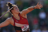 Kara Winger competes during the finals of the women's javelin throw at the U.S. Olympic Track and Field Trials Saturday, June 26, 2021, in Eugene, Ore. (AP Photo/Charlie Riedel)