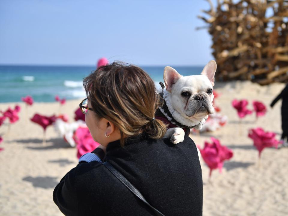 A woman holds a dog over her shoulder at the beach in Gangneung, South Korea.