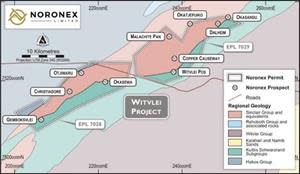 Map showing Witvlei project areas in the Kalahari Copper Belt (White Metal / Noronex JV).