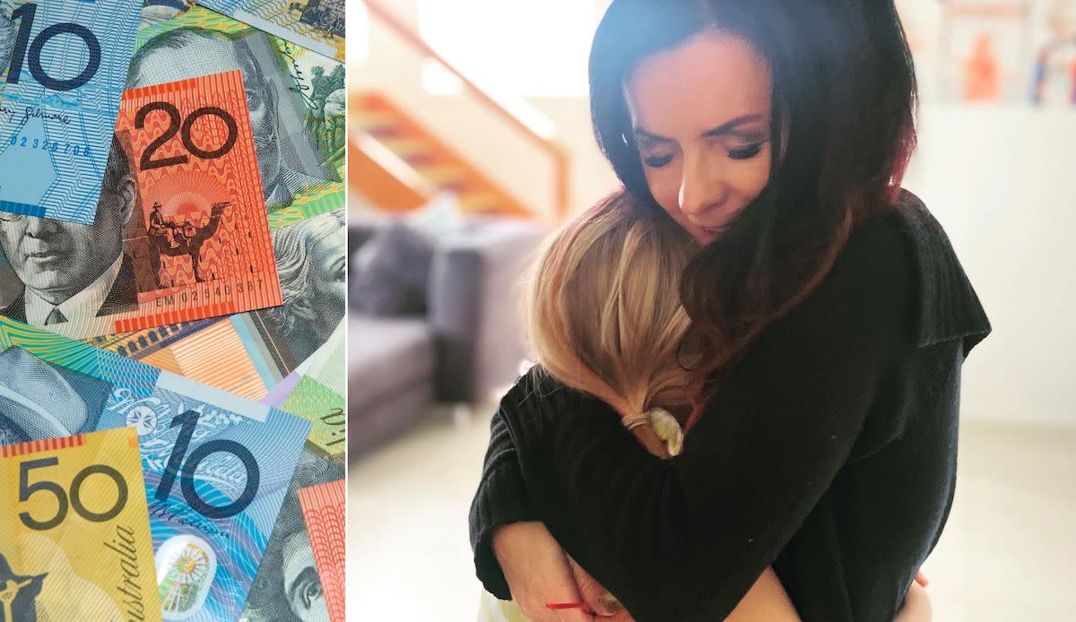 Compilation image of Nicole cuddling her kid with an image of Australian dollar notes to represent economic anxiety