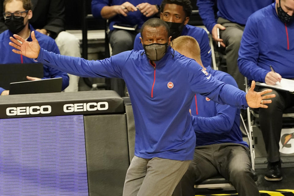 Detroit Pistons head coach Dwane Casey gestures during the first half of an NBA basketball game against the Miami Heat, Monday, Jan. 18, 2021, in Miami. (AP Photo/Marta Lavandier)