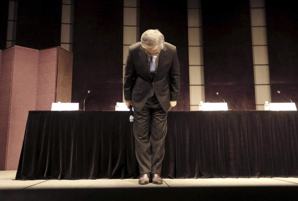 FILE - In this Aug 6, 2018 file photo, BMW Korea Chairman Kim Hyo-joon bows during a press conference in Seoul, South Korea. South Korea will ban driving recalled BMWs that haven't received safety checks following dozens of fires the German automaker has blamed on a faulty exhaust gas component. South Korea's Ministry of Land, Infrastructure and Transport said Tuesday, Aug. 24, 2018 the ban taking effect Wednesday affects about 20,000 vehicles. (AP Photo/Ahn Young-joon, File)