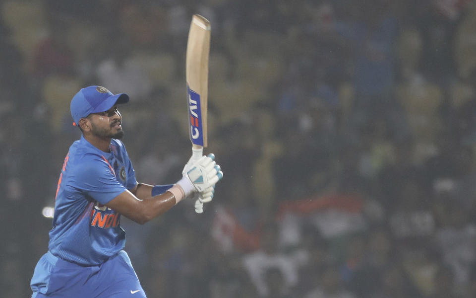 India's Shreyas Iyer bat during third Twenty20 international cricket match against Bangladesh in Nagpur , India, Sunday, Nov. 10, 2019. (AP Photo/Rafiq Maqbool)