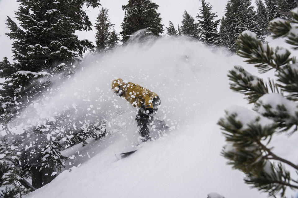 In this photo provided by the Mammoth Mountain Ski Area, a snowboarder goes down a run in Mammoth Lakes, Calif., Monday, Jan. 22, 2024. (Christian Pondella/Mammoth Mountain Ski Area via AP)