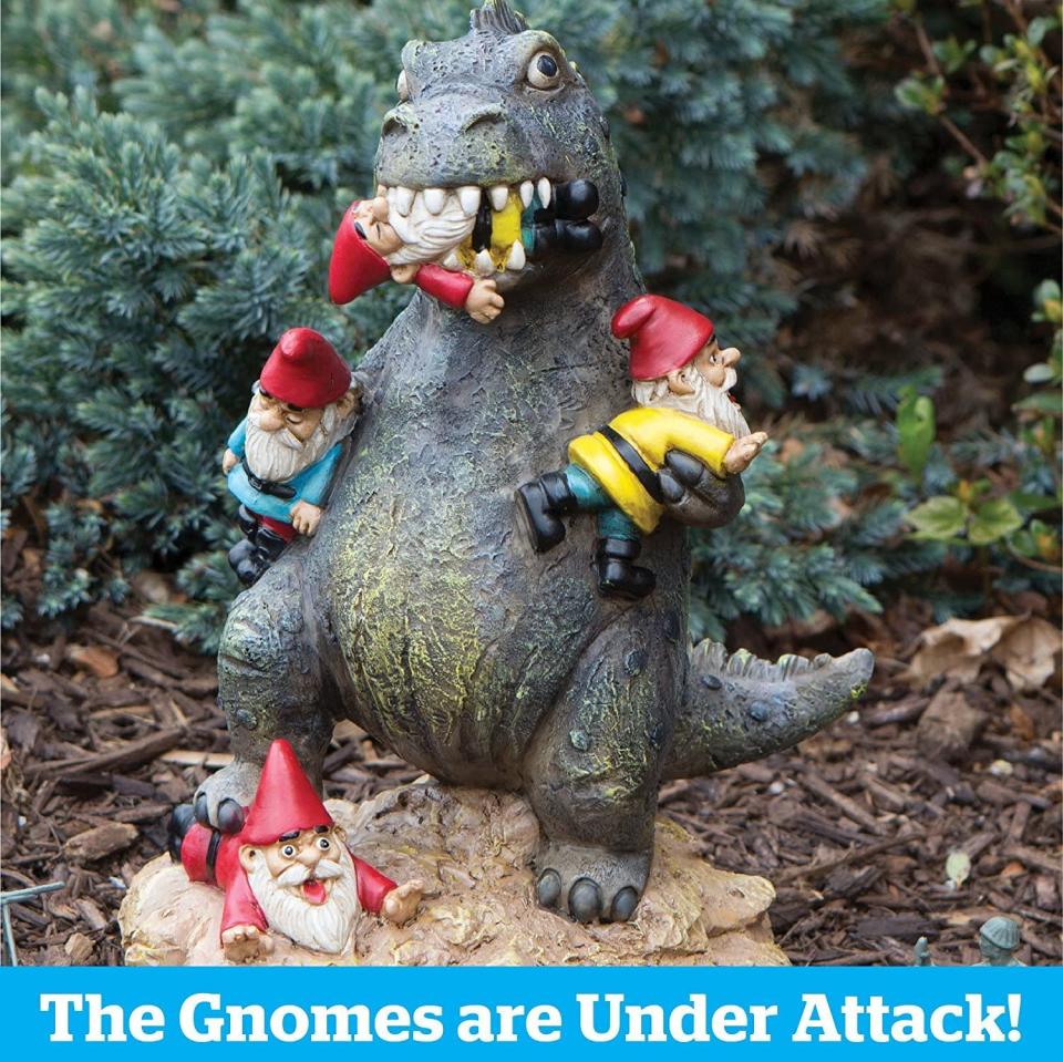 garden gnome massacre with text that reads: the gnomes are under attack