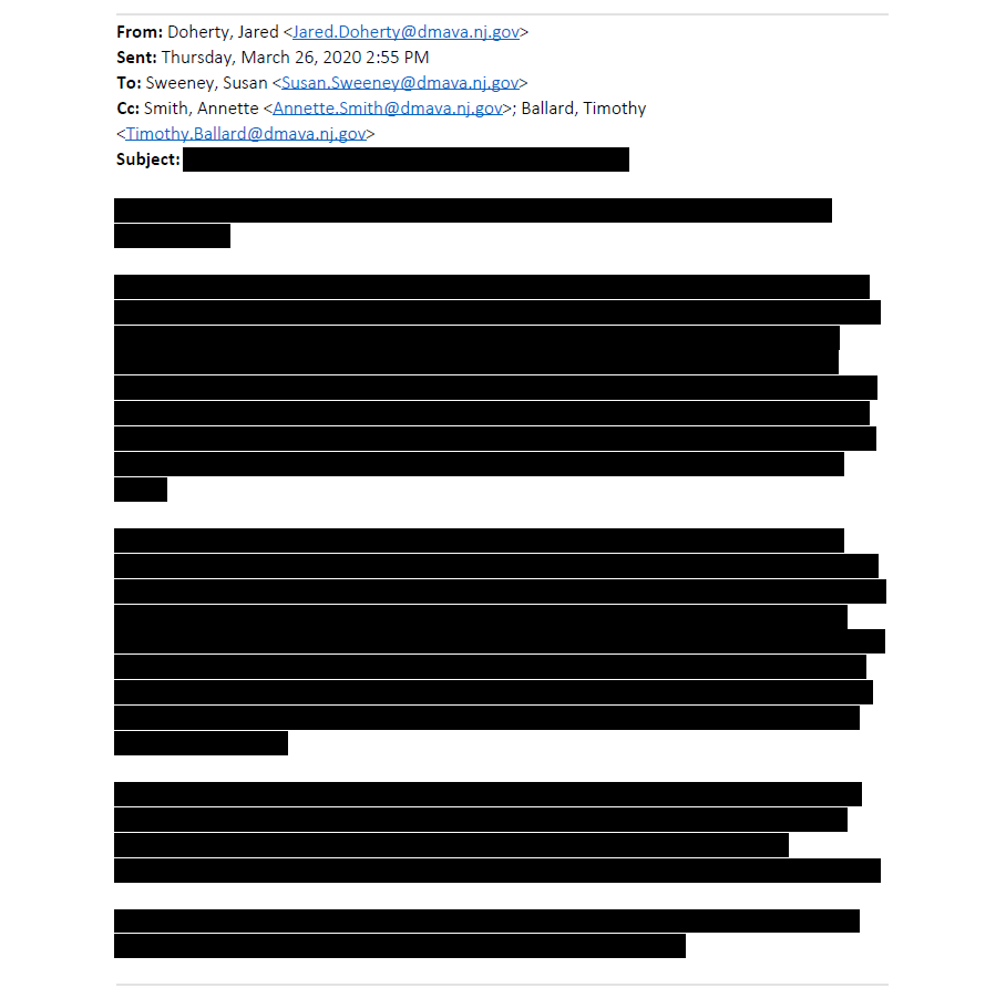 One of the completely redacted emails the state released to The Record after its public records request for communication among officials over mask-wearing at the state's veterans homes as the COVID pandemic surged in the spring.