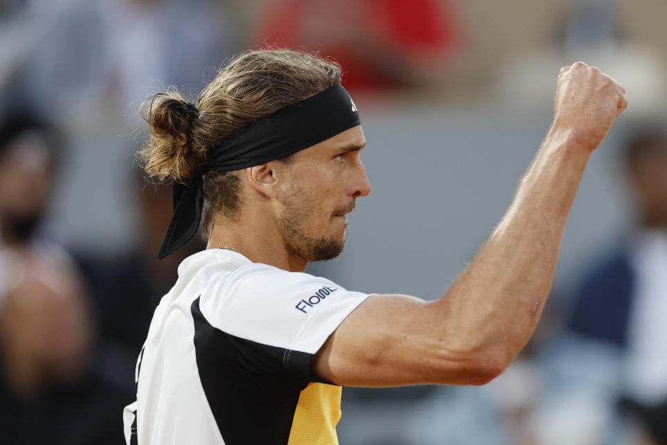 Germany's Alexander Zverev clenches his fist after winning the third set during his semifinal match of the French Open tennis tournament against Norway's Casper Ruud at the Roland Garros stadium in Paris, Friday, June 7, 2024. (AP Photo/Jean-Francois Badias)