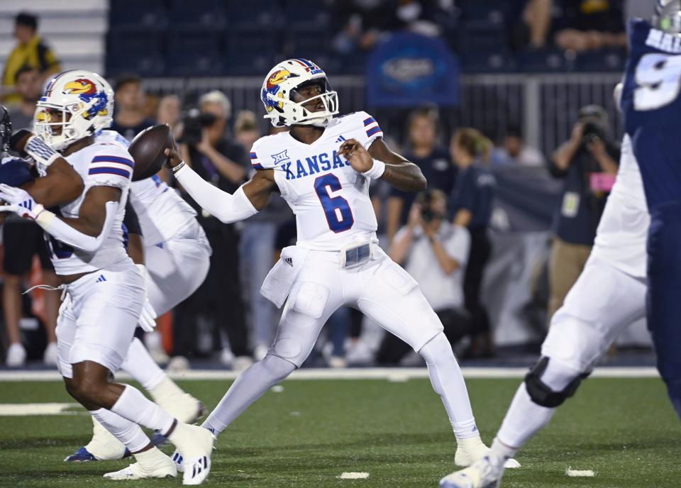 Kansas football quarterback Jalon Daniels throw a pass against Nevada during the first half of a game Sept. 16, 2023, in Reno, Nevada.