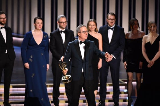 John Oliver, winner of Outstanding Scripted Variety Series with "Last Week Tonight with John Oliver" speaks onstage during the 75th Emmy Awards.<span class="copyright">Valerie Macon—AFP/Getty Images</span>