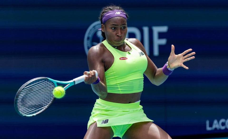 Coco Gauff of USA, hits a return to Oceane Dodin of France in their women’s match during the Miami Open tennis tournament at Hard Rock Stadium on Sunday, March 24, 2022 in Miami Gardens, Fl.