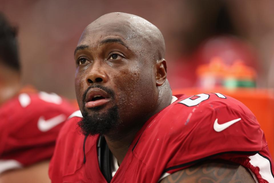 Center Rodney Hudson #61 of the Arizona Cardinals on the bench during the second half of the NFL game at State Farm Stadium on Sept. 25, 2022, in Glendale, Arizona. The Rams defeated the Cardinals 20-12.