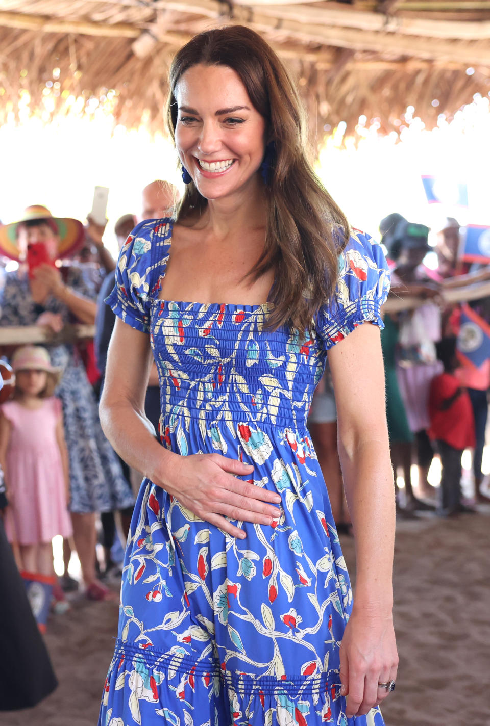 kate middleton smiling in blue floral dress, The Duchess of Cambridge during the second day of a Platinum Jubilee Royal Tour of the Caribbean on March 20, 2022 in Hopkins, Belize. (Photo by Chris Jackson/Getty Images)