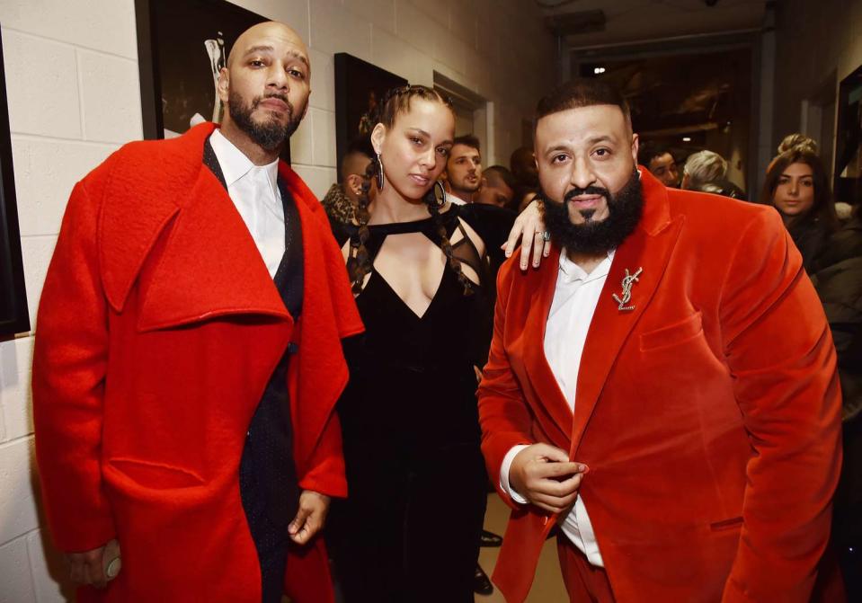 Swizz Beatz, Alicia Keys and DJ Khaled attend the 60th Annual GRAMMY Awards at Madison Square Garden on January 28, 2018 in New York City