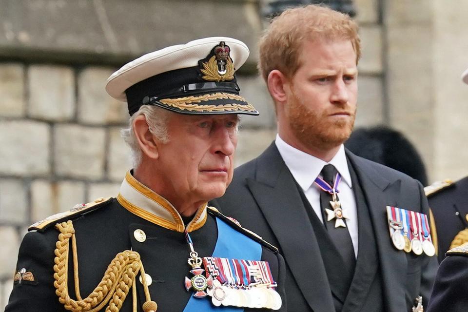 King Charles III, Prince Harry, Duke of Sussex and Princess Anne, Princess Royal arrive at the Committal Service held at St George's Chapel in Windsor Castle on September 19, 2022 in Windsor, England.