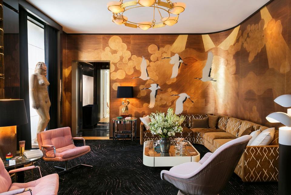 Namban hand-painted wallpaper in a room designed by Jacques Bec and Artur Miranda of Oitoemponto.