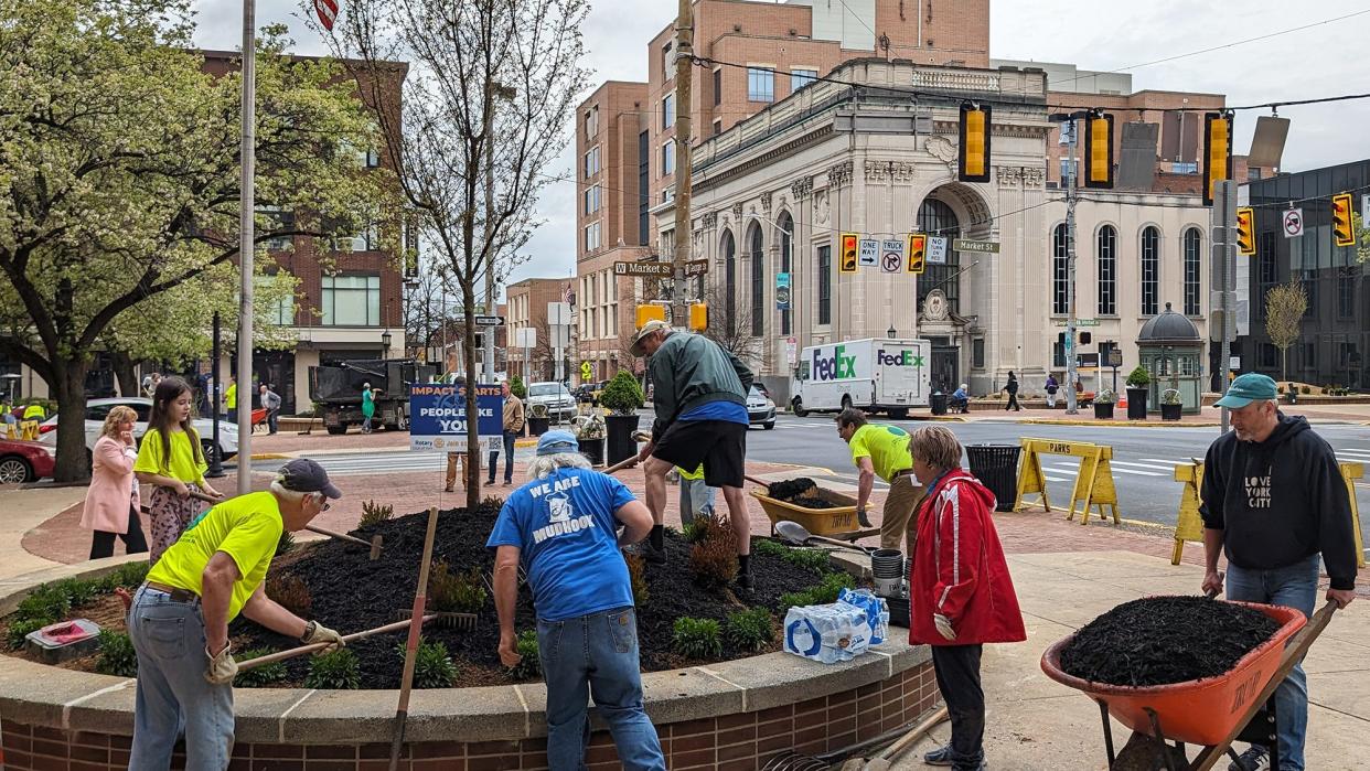 Continentalsquare21 – Earlier this month, Rotary Club of York volunteers do landscape work on planters as part of restoration work on York’s Continental Square, funded by their organization. A fund has been set up through the York County Community Foundation for donors wishing to contribute to the maintenance of the planters: “Downtown York Sustainable Landscapes Fund of YCCF.”