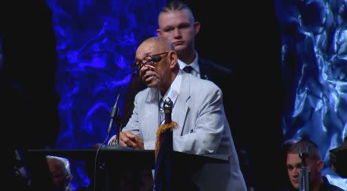 Eugene Yates, father of fallen Clark County Deputy Matthew Yates speaks during funeral services at First Christian Church in Springfield. (WHIO Staff)