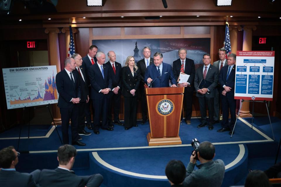 PHOTO: Sen. Ted Cruz (R-TX) speaks during a press conference with other senators and House impeachment managers at the U.S. Capitol on April 16, 2024 in Washington, DC.  (Win Mcnamee/Getty Images)