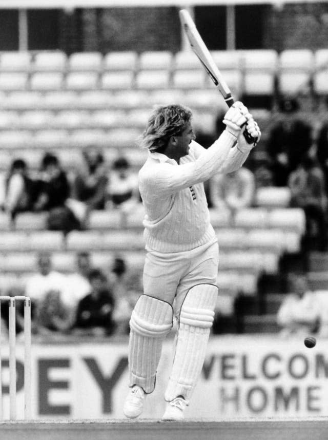 Black and white image of Ian Botham playing a shot through the leg side against New Zealand in 1986