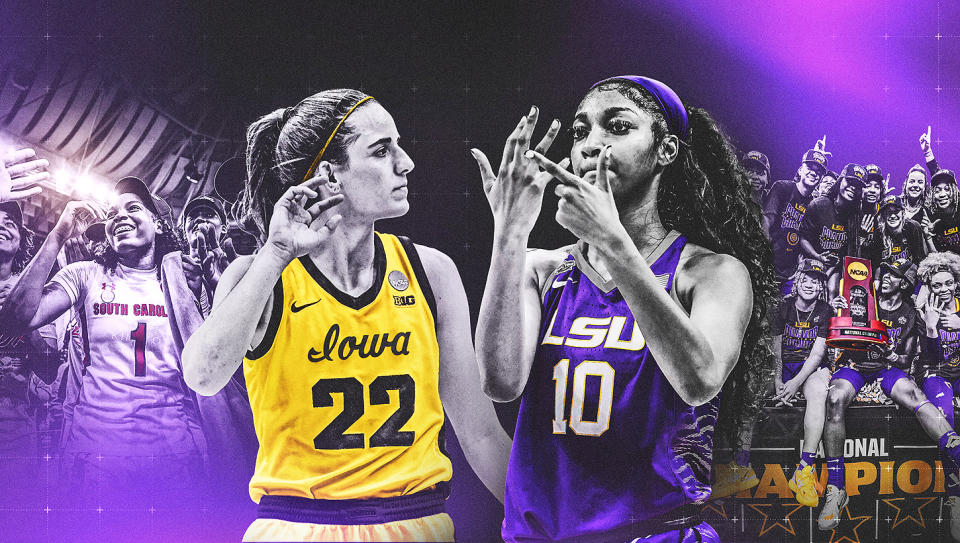 The top women's college basketball moments that fueled our fandom in 2023 included Angel Reese and Caitlin Clark, the record viewership numbers and an undefeated South Carolina season. (Illustration by Taylor Wilhelm/Yahoo Sports)