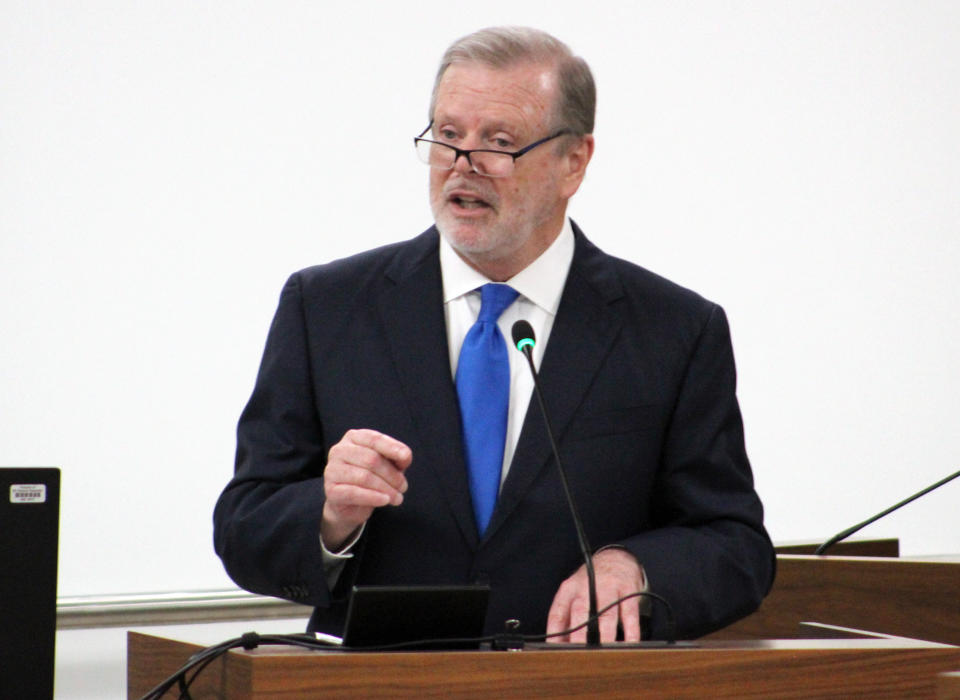 North Carolina Republican Senate leader Phil Berger speaks at a Senate Education Committee hearing on Wednesday, July 14, 2021, in the Legislative Office Building in Raleigh, N.C. North Carolina Republicans are moving forward with a plan to limit how teachers can discuss certain racial concepts inside the classroom, according to the state's most powerful senator. Berger said his chamber will advance the measure seeking to ban the promotion of critical race theory in K-12 public school classrooms. (AP Photo/Bryan Anderson)