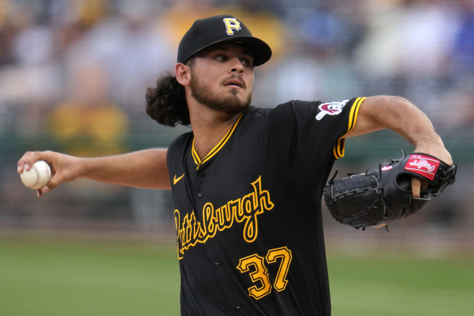 Pittsburgh Pirates starting pitcher Jared Jones delivers during the second inning of the team's baseball game against the Los Angeles Dodgers in Pittsburgh, Tuesday, June 4, 2024. (AP Photo/Gene J. Puskar)