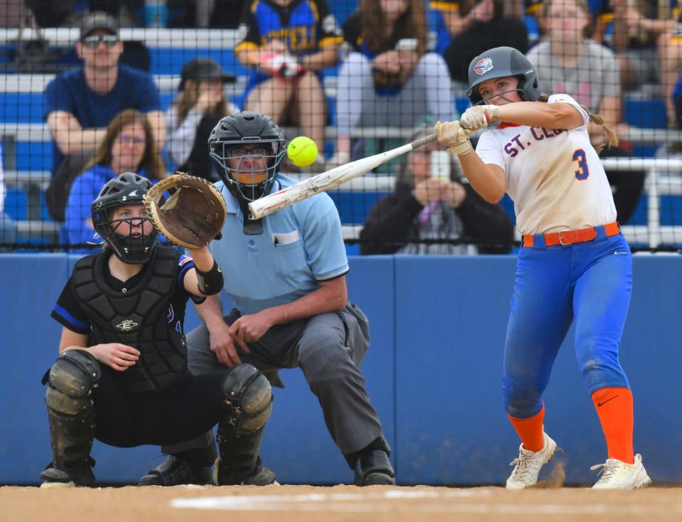 St. Cloud's Olivia Laudenbach swings at a pitch during the first game of a doubleheader against Sartell Tuesday, May 17, 2022, at Sartell High School.