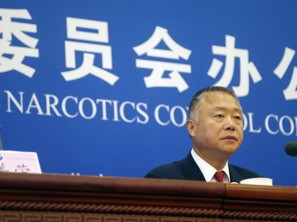 Liu Yuejin, the vice commissioner of China's National Narcotics Control Commission, speaks during a press conference in Beijing, Tuesday, Sept. 3, 2019. China said Tuesday it's not the source of the fentanyl that's killing Americans, contrary to President Donald Trump's recent tweets blaming China for the drug deaths. (AP Photo/Sam McNeil)