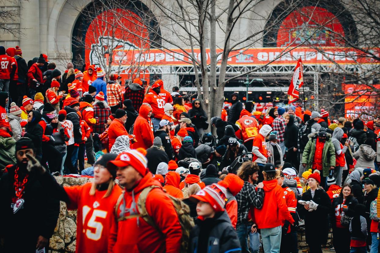 Fans gather in front of the Kansas City Union Station before the Chiefs' Super Bowl LVII championship parade on Feb. 15, 2023, in Kansas City, Mo.