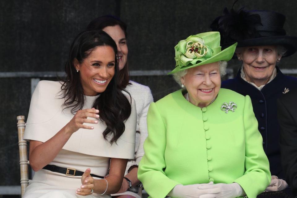 The Queen and Meghan at the opening of the Mersey Gateway Bridge in Widnes, Cheshire (Danny Lawson/PA) (PA Wire)