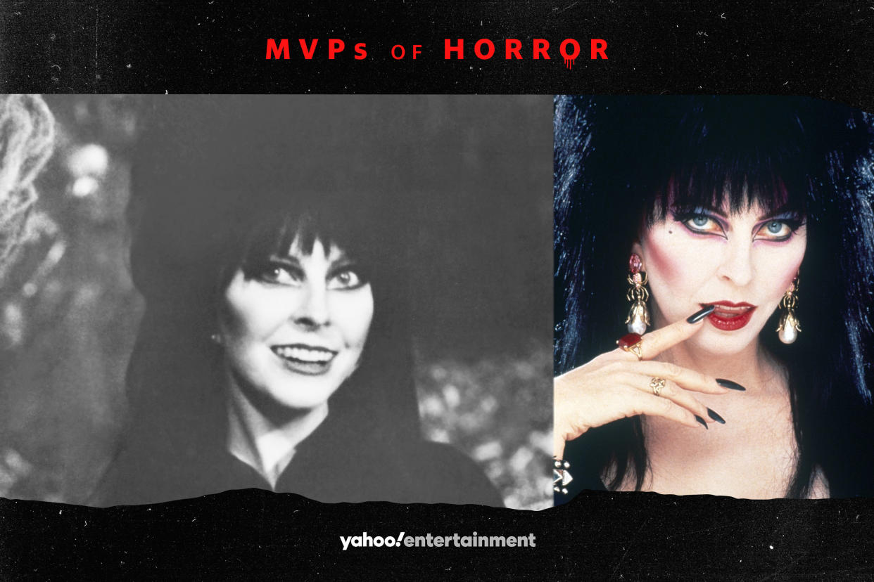 Cassandra Peterson celebrates 35 years of her alter ego's 1988 movies, Elvira: Mistress of the Dark. (Photo Illustration: Yahoo News; Photos: Everett Collection)
