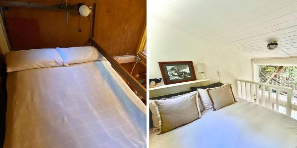 Left, a bed with barely anything in tact. Right, a comfortable nice white bed.