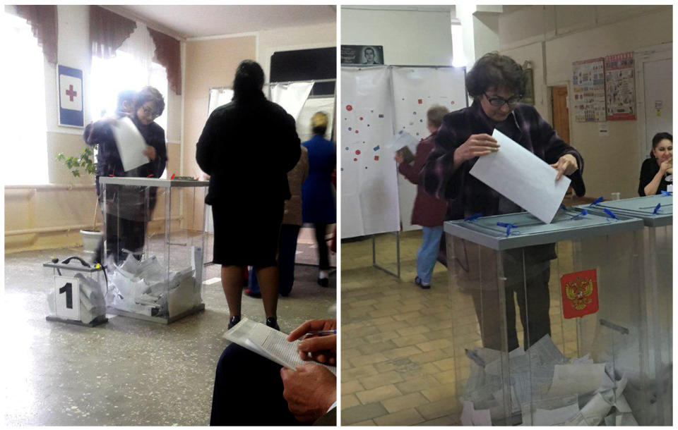 <p>A combination picture shows voter Ludmila Sklyarevskaya, who denied voting multiple times, casting a ballot at a polling station number 215 (L) and casting a ballot at a polling station number 216, during the presidential election in Ust-Djeguta, Russia March 18, 2018. (Reuters staff) </p>