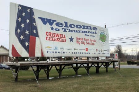 FILE PHOTO: A sign welcoming visitors to the town of Thurmont, is pictured in Thurmont, Maryland, U.S., March 12, 2018.   REUTERS/Lawrence Hurley