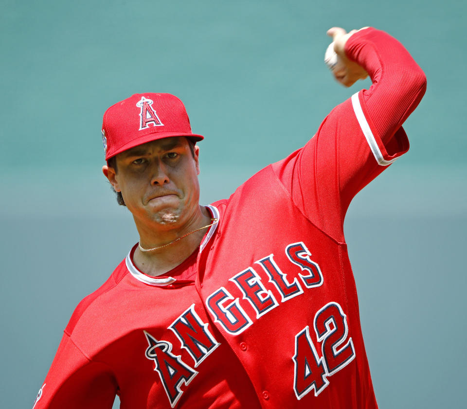 In this June 25, 2018 file photo Los Angeles Angels starting pitcher Tyler Skaggs throws during the first inning of a baseball game against the Kansas City Royals in Kansas City, Mo. Tyler Skaggs has died at age 27, Monday, July 1, 2019. Skaggs started the Angels' game Saturday night against the Athletics. Their game against the Texas Rangers on Monday night has been postponed. (AP Photo/Charlie Riedel, file)