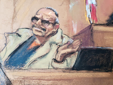 Government witness Jesus Zambada, the brother of Ismael "El Mayo" Zambada who was Guzman's alleged partner in running the Sinaloa Cartel, is seen during the trial of the accused Mexican drug lord Joaquin "El Chapo" Guzman (not shown), in this courtroom sketch in Brooklyn federal court in New York, U.S., November 19, 2018. REUTERS/Jane Rosenberg