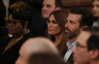 Donald Trump Jr sits beside girlfriend Kimberly Guilfoyle and Silk of Diamond and Silk at U.S. President Trump's social media forum at the White House in Washington