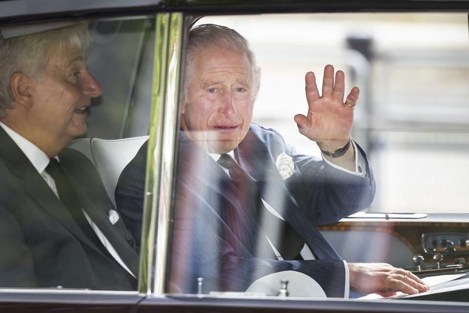 Mandatory Credit: Photo by Peter MacDiarmid/Shutterstock (13381074m) King Charles III waves to onlookers as he is driven to Buckingham Palace. Charles has been proclaimed King at St James's Palace this morning during The Accession Council ceremony. The new King swore an oath in the presence of Privy Counsellors. Queen Elizabeth II, The United Kingdom's longest reigning monarch, has died at the age of 96. King Charles III is now The Queen Elizabeth II dies, London, UK - 10 Sep 2022