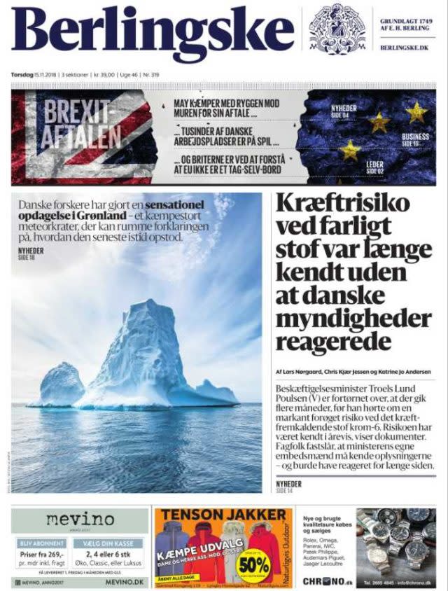 The front page of Berlingske, which writes that Britons are beginning to understand the EU is not a buffet (Screenshot)