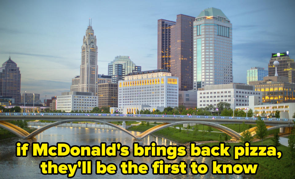 the skyline of Columbus at dusk, with caption: if McDonald's brings back pizza, they'll be the first to know