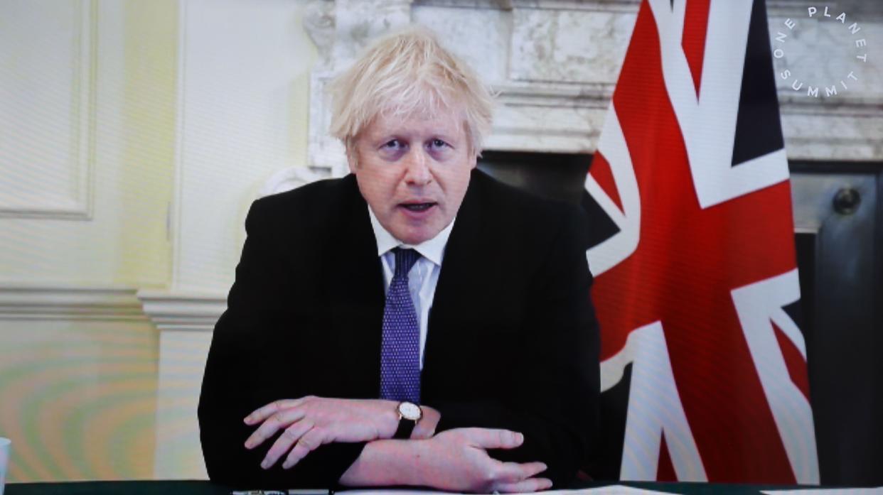 Boris Johnson during his speech to the One Planet Summit in which he hit out at the 'demented' practice of using pangolin scales for medicine. (Ludovic Marin/AFP via Getty Images)