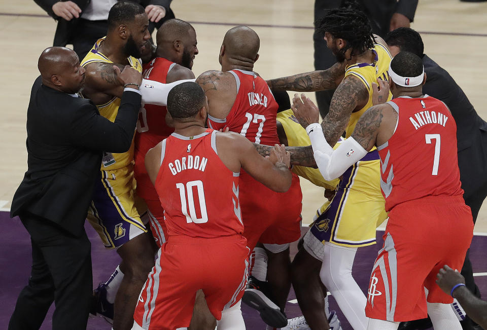 The Rockets and Lakers were involved in a brawl Saturday night. (AP Photo)