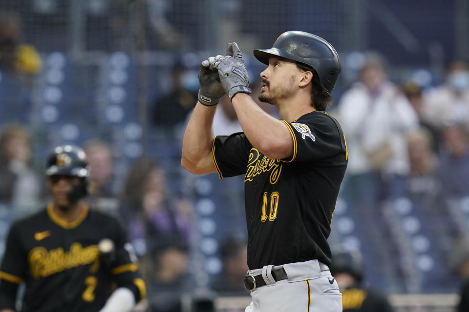 Pittsburgh Pirates' Bryan Reynolds gestures after hitting a home run during the sixth inning of the team's baseball game against the San Diego Padres, Wednesday, May 5, 2021, in San Diego. (AP Photo/Gregory Bull)