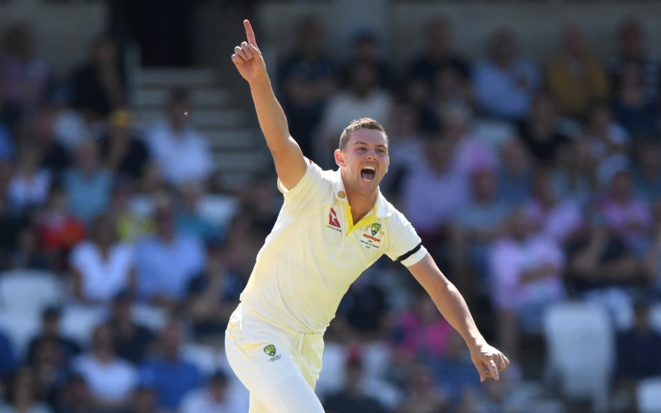 Australia bowler Josh Hazlewood celebrates after dismissing Jack Leach during day two of the 3rd Test Match between England and Australia at Headingley on August 23, 2019 in Leeds, England. - GETTY IMAGES